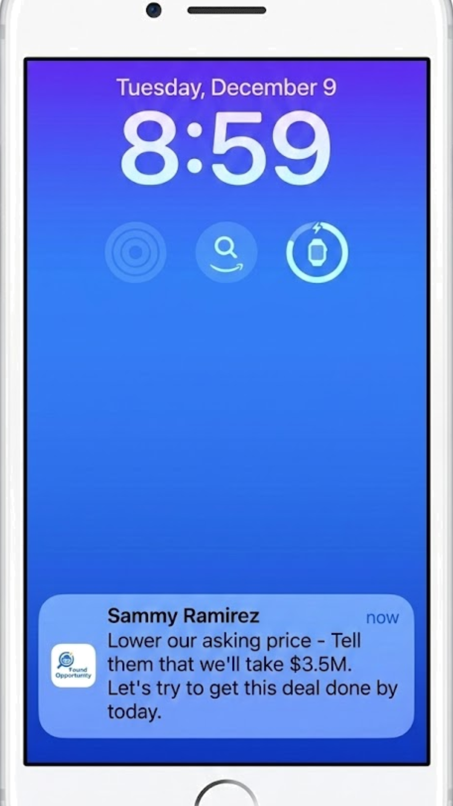 iPhone lock screen with a Found Opportunity notification about a misfiled message.
